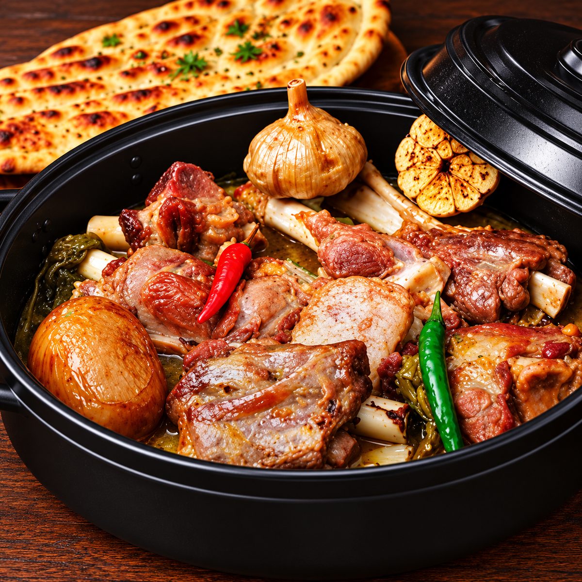 Fresh Dumpukht in a black iron pot with naan and sides