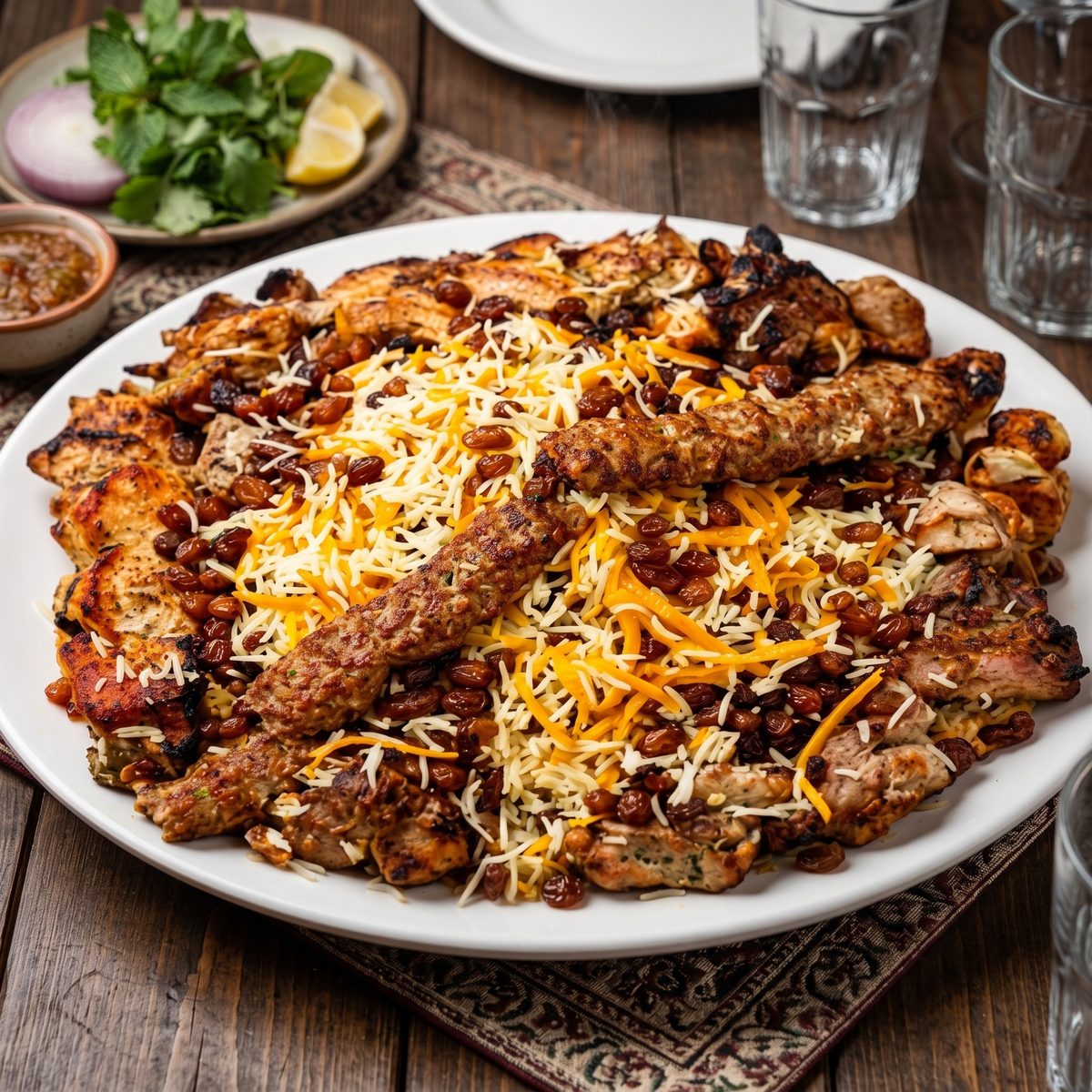 Family platter of Kabuli pallow crowned with kebabs and chicken